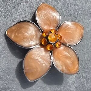 Vintage Peach Enamel Flower Brooch Amber Rhinestone Center Floral